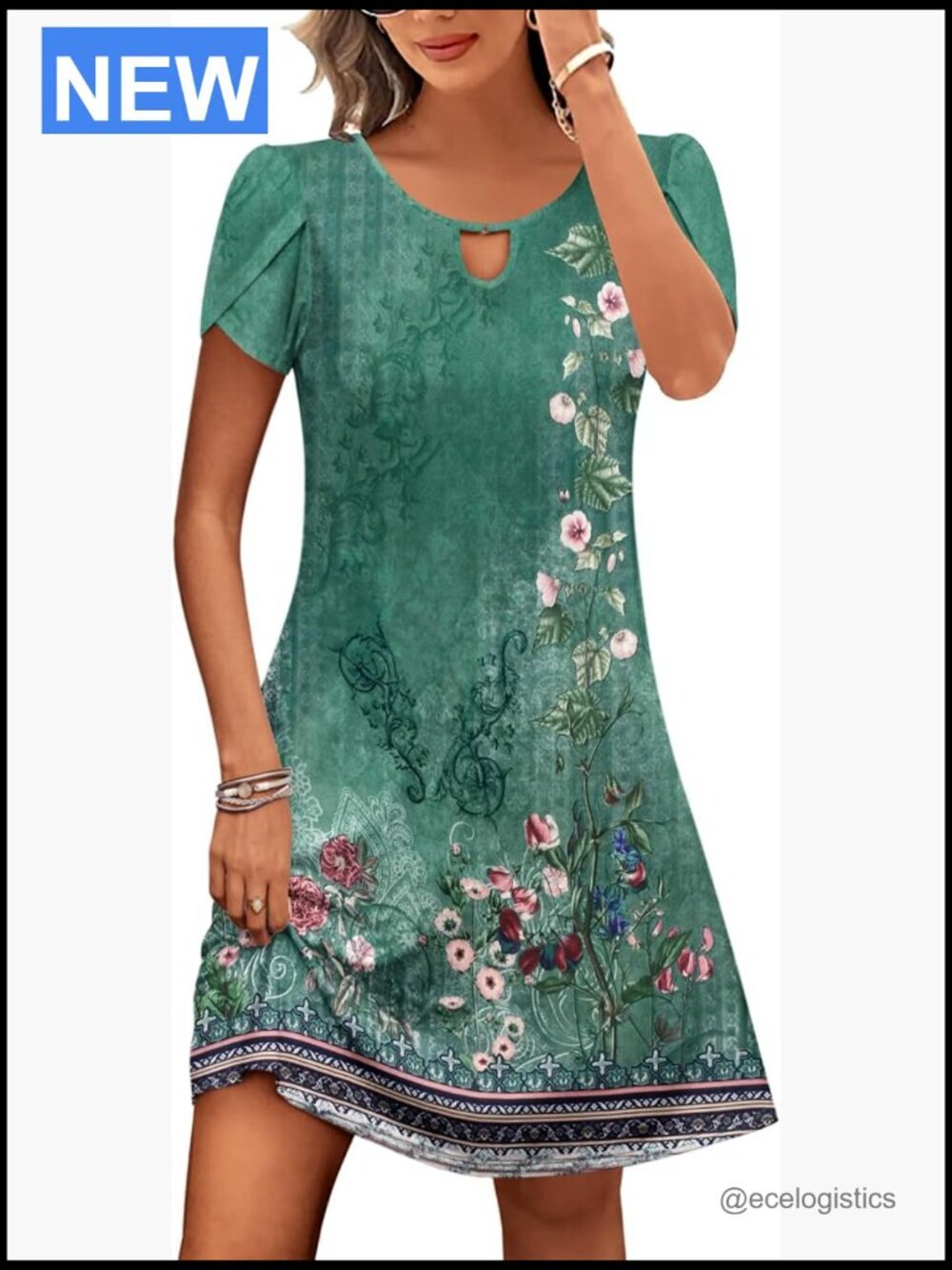 Casual A-Line Dress with Pockets Flowy Sundress Short Sleeve Mini Dress